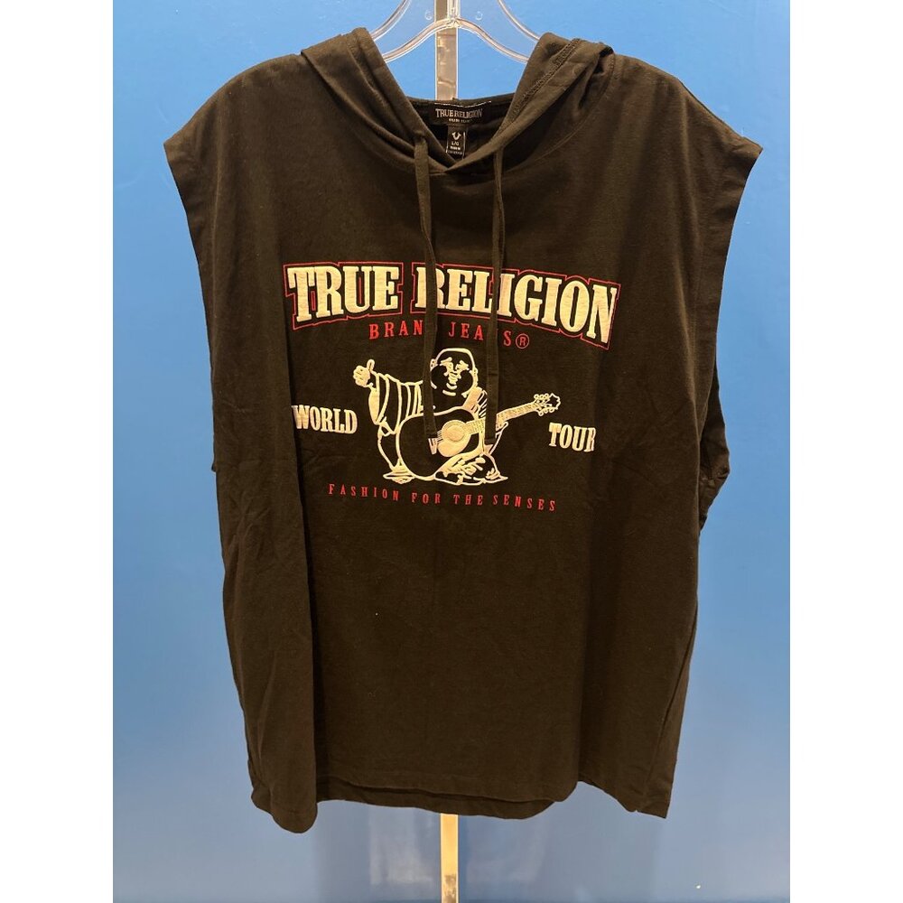 True Religion Mens Black Sleeveless Hoodie L Large NWOT Cotton